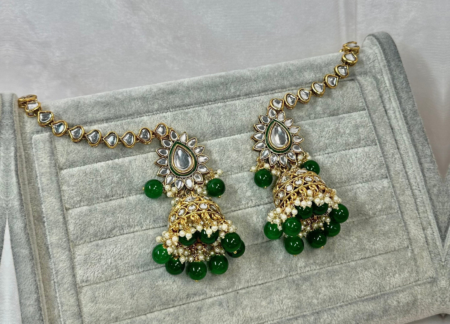Faux Kundan Jhumka Earrings with Chains - Green