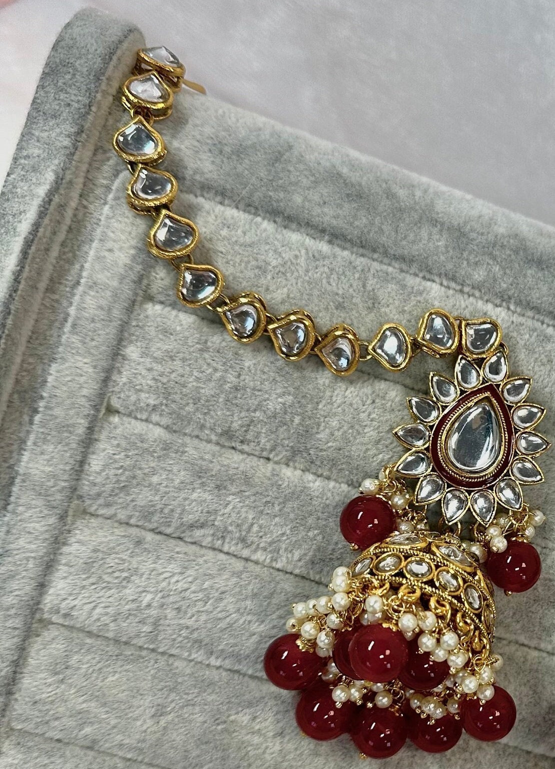 Faux Kudan Jhumka Earrings with Chains - Maroon/Meenakari/ Indian/ Pakistani Style/