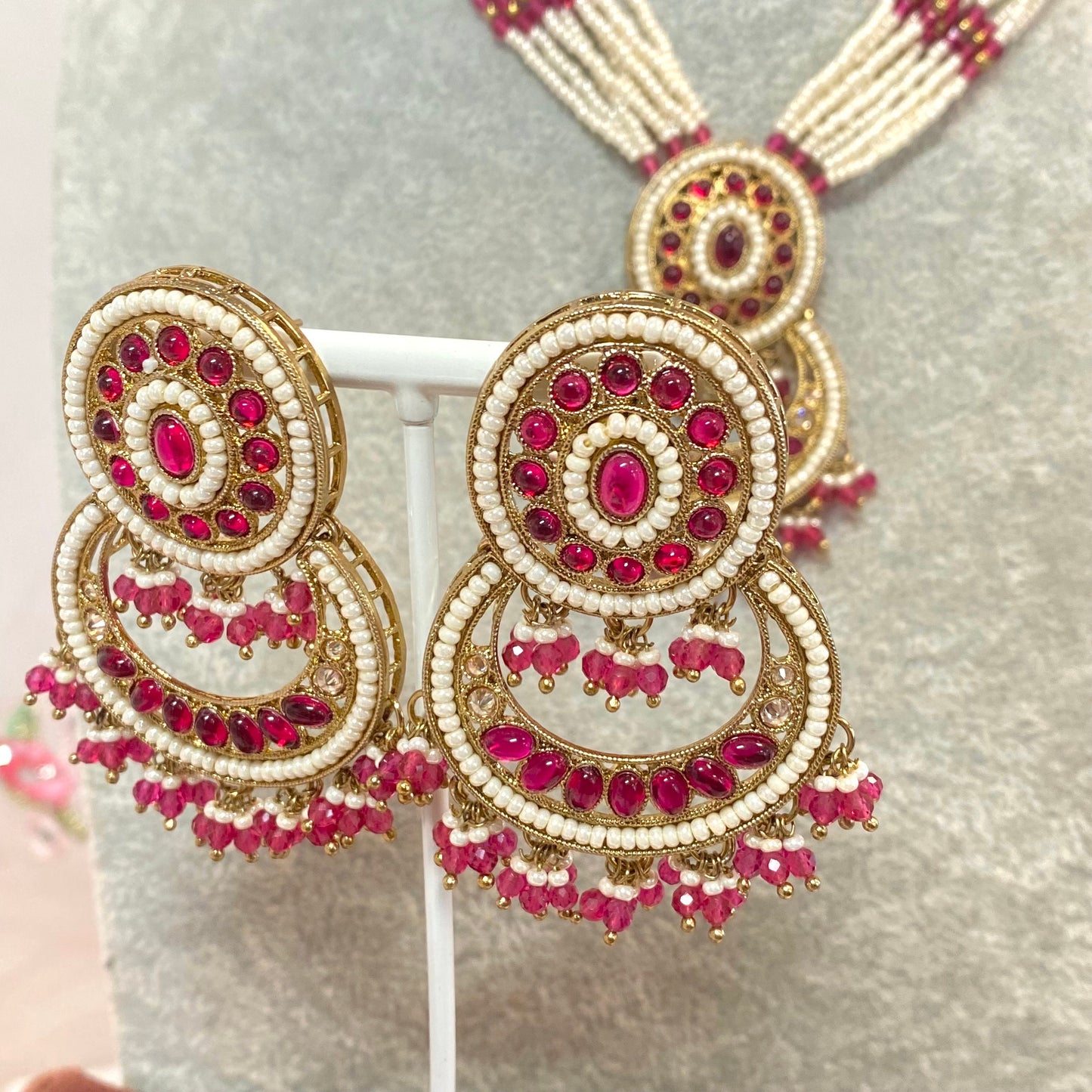 Pearl Necklace Set - Ruby/Long Necklace/Haar/Mala/ Earring/ Tikka/ Tikli/ Indian/ Pakistani/Fashion Jewellery/ Gift for Women