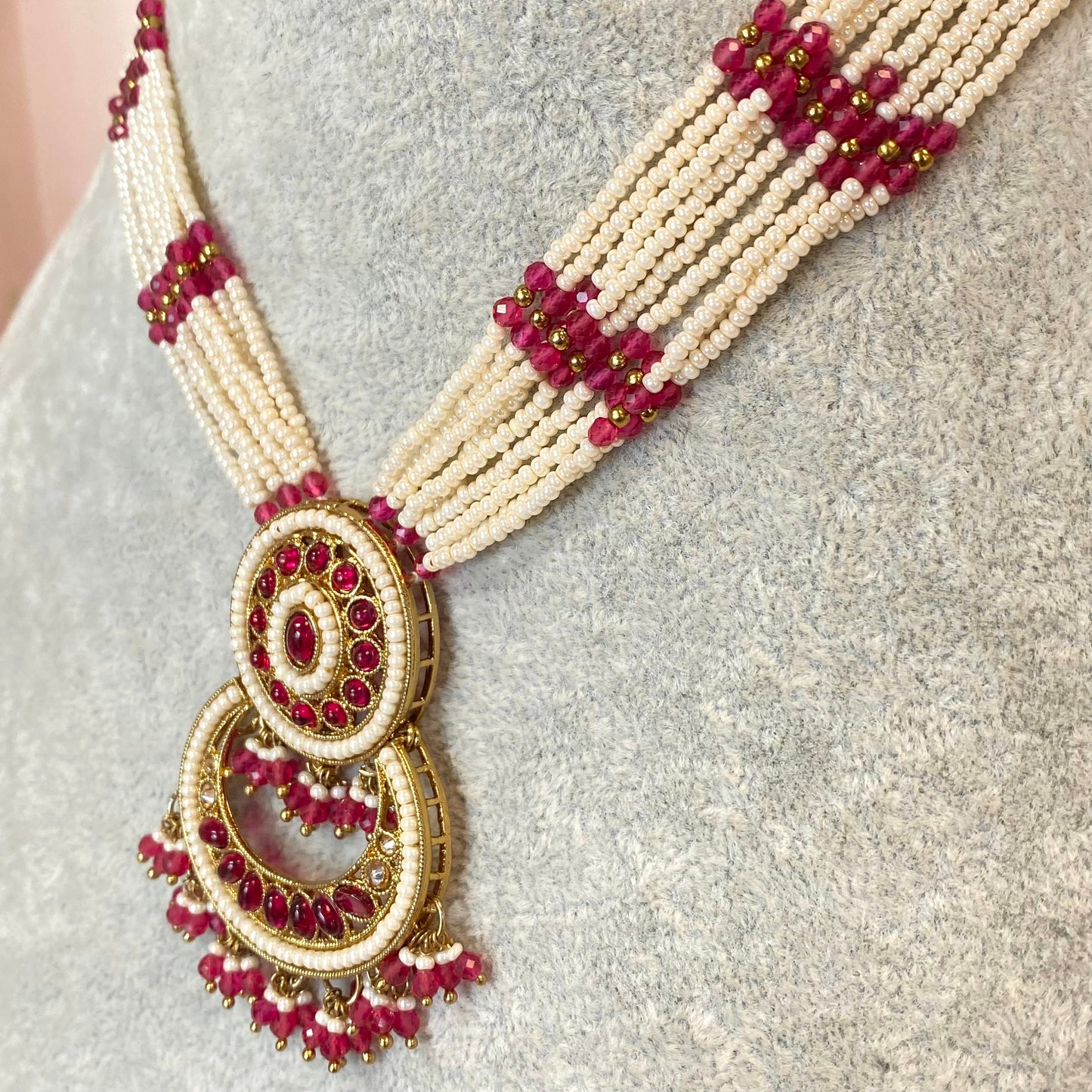 Pearl Necklace Set - Ruby/Long Necklace/Haar/Mala/ Earring/ Tikka/ Tikli/ Indian/ Pakistani/Fashion Jewellery/ Gift for Women