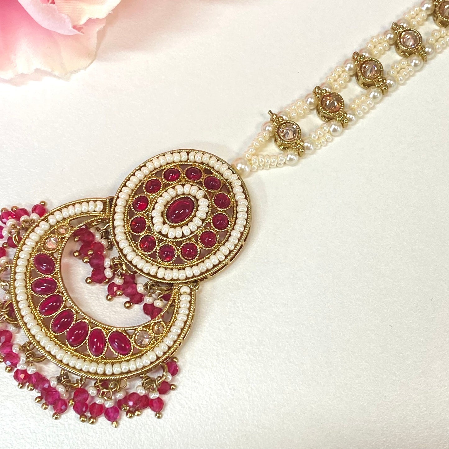 Pearl Necklace Set - Ruby/Long Necklace/Haar/Mala/ Earring/ Tikka/ Tikli/ Indian/ Pakistani/Fashion Jewellery/ Gift for Women