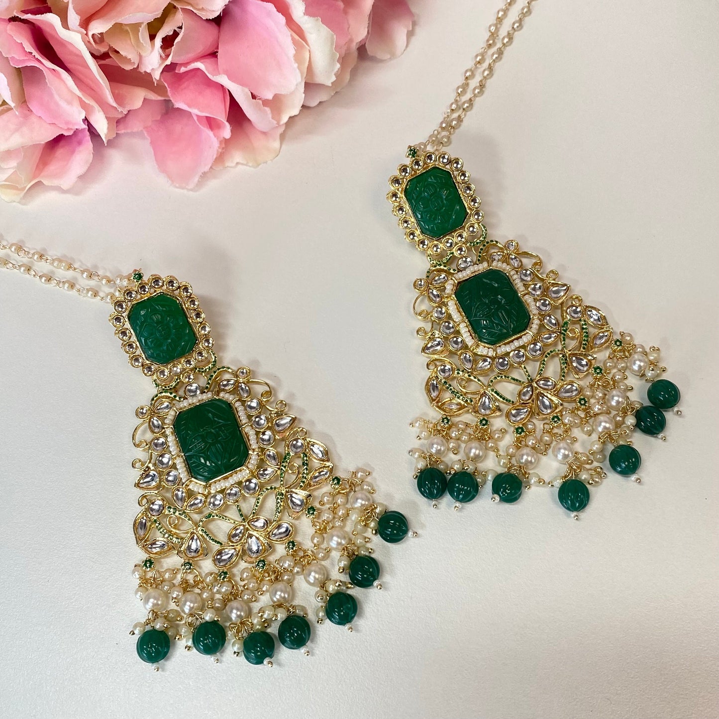 Large Faux-Kundan Earrings - Bottle Green/ Indian Style Earring/ Fashion Jewellery/ Gift for Women
