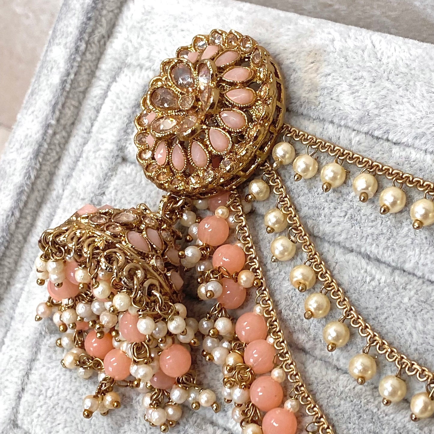 Peach Jhumka Earrings With Ear Chains/ Fashion Jewellery/ Gift for Women/Indian/Pakistani style