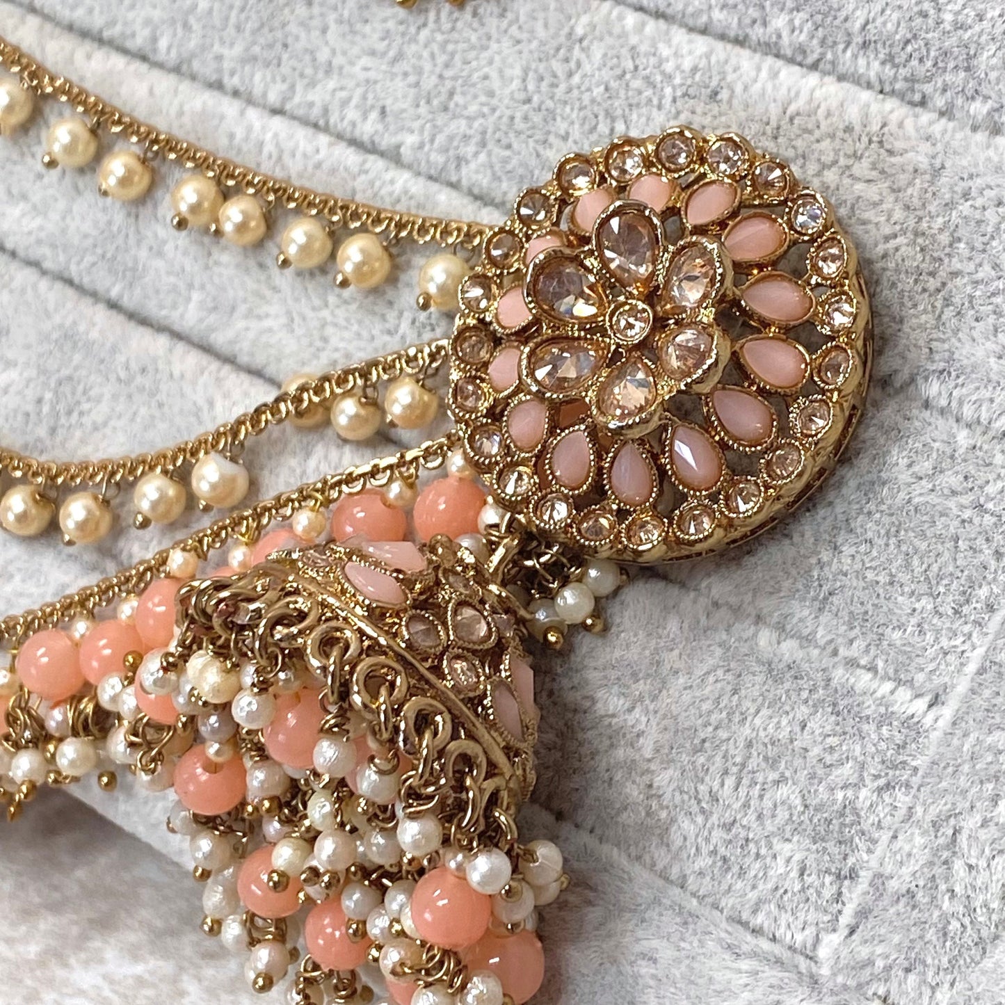 Peach Jhumka Earrings With Ear Chains/ Fashion Jewellery/ Gift for Women/Indian/Pakistani style