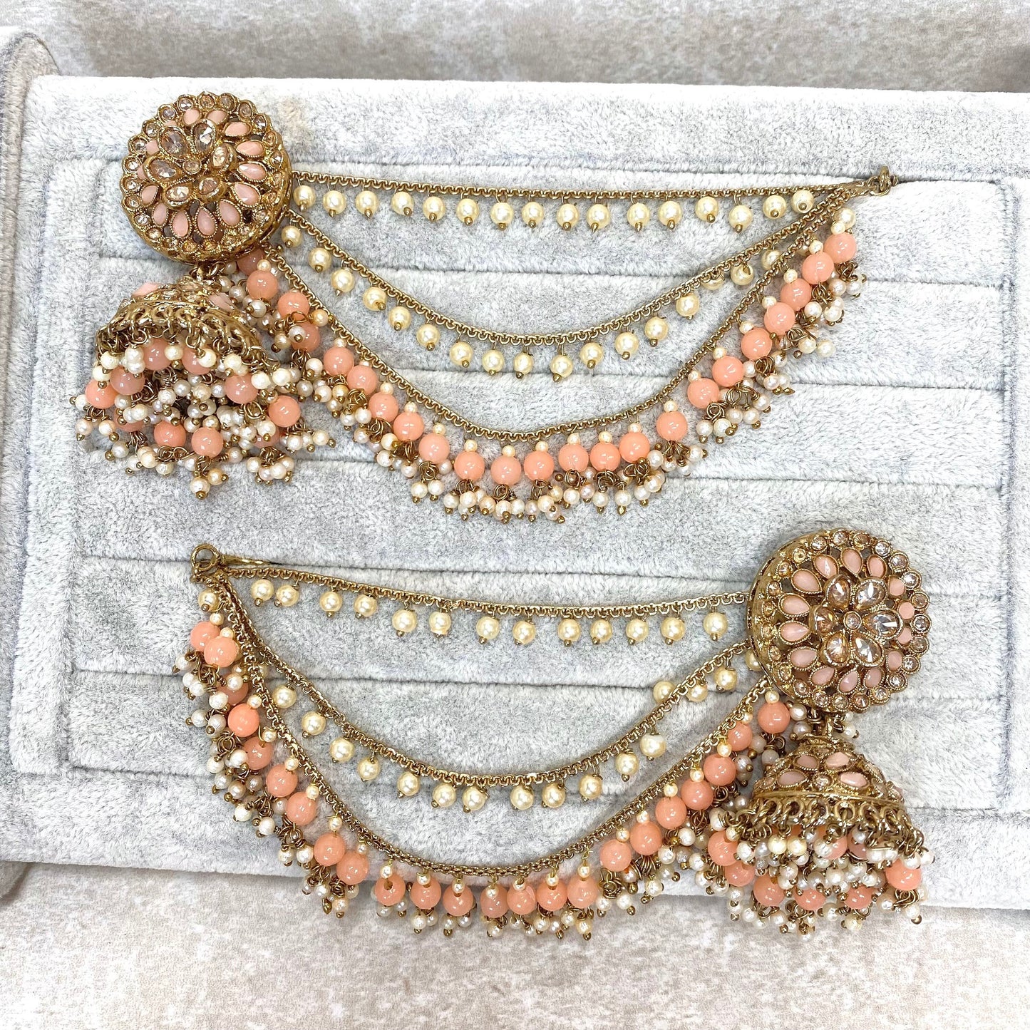 Peach Jhumka Earrings With Ear Chains/ Fashion Jewellery/ Gift for Women/Indian/Pakistani style