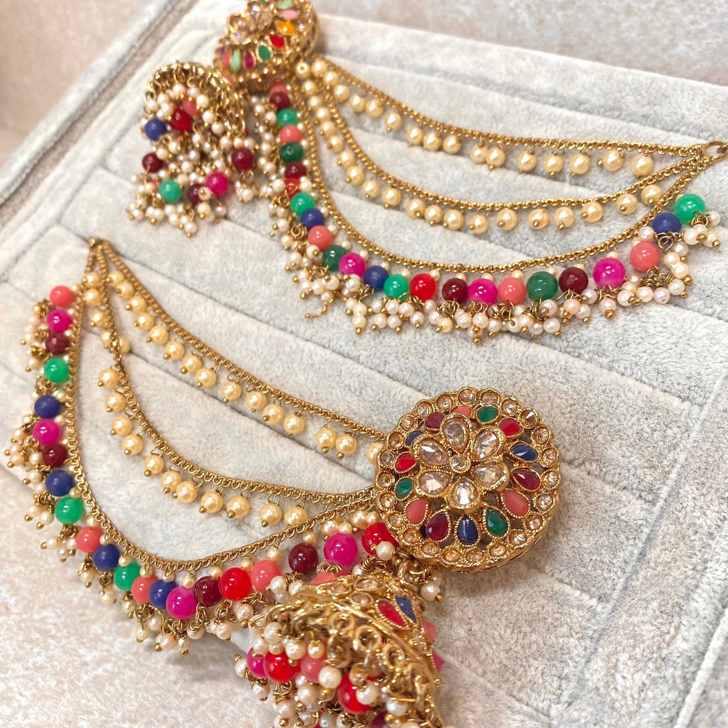 Multi Colour Jhumka Earrings With Ear Chains