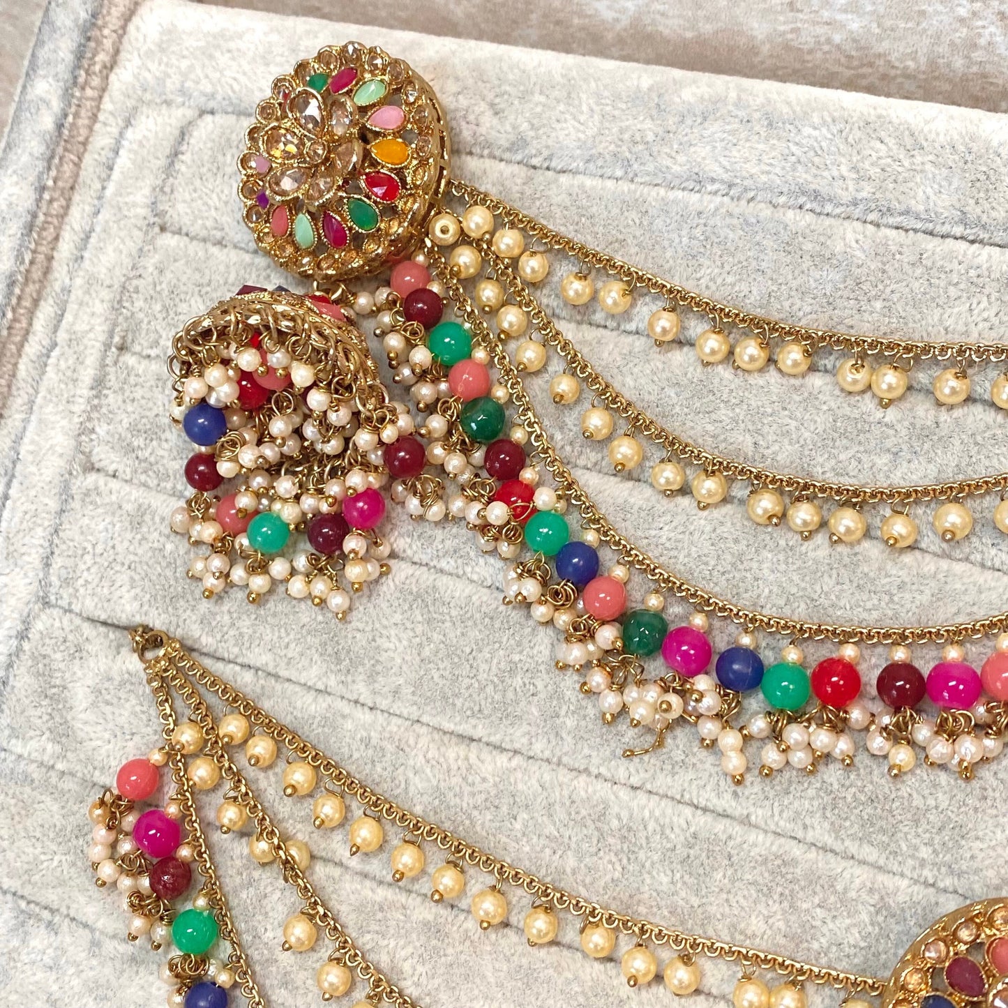 Multi Colour Jhumka Earrings With Ear Chains