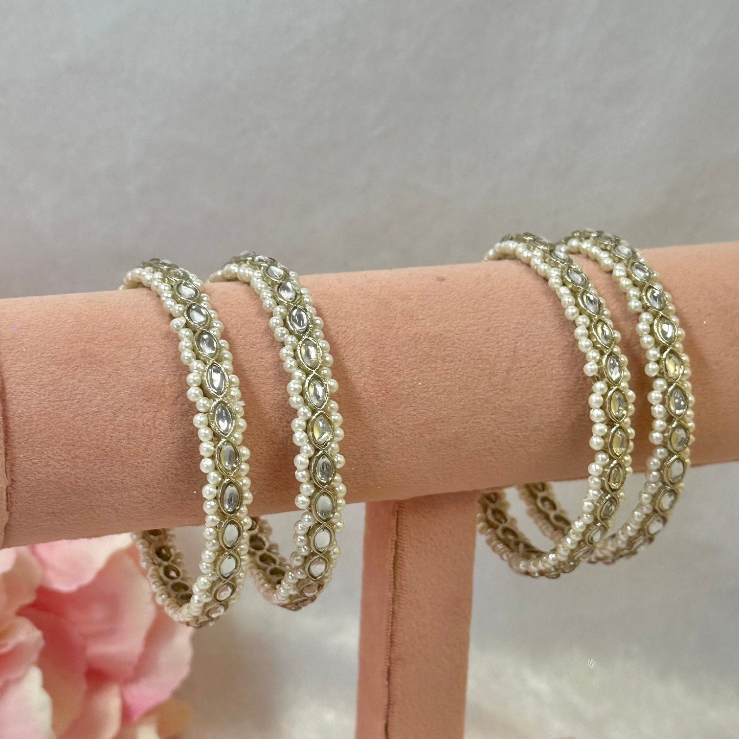 Set of 4 Pearl Bangles - Clear (Light Gold)/Indian/ Pakistani/Jewelley/ Fashion Bracelet