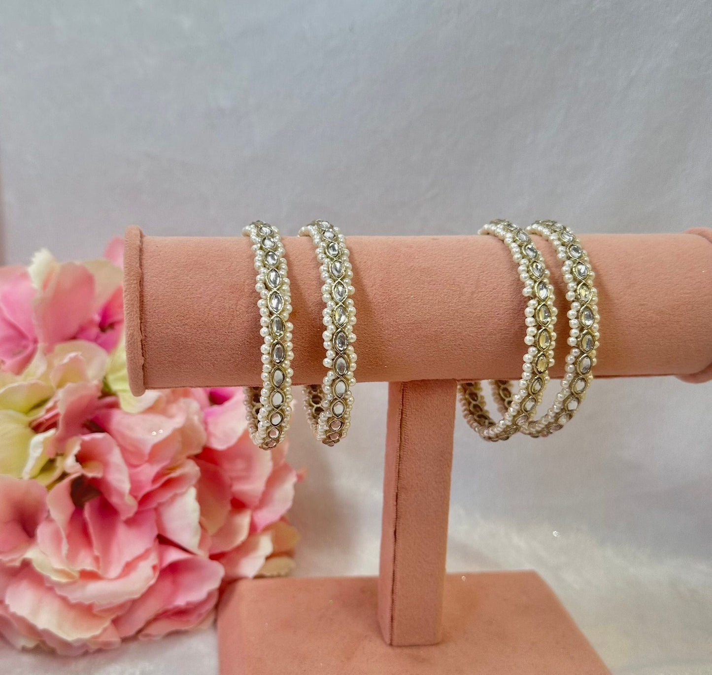 Set of 4 Pearl Bangles - Clear (Light Gold)/Indian/ Pakistani/Jewelley/ Fashion Bracelet