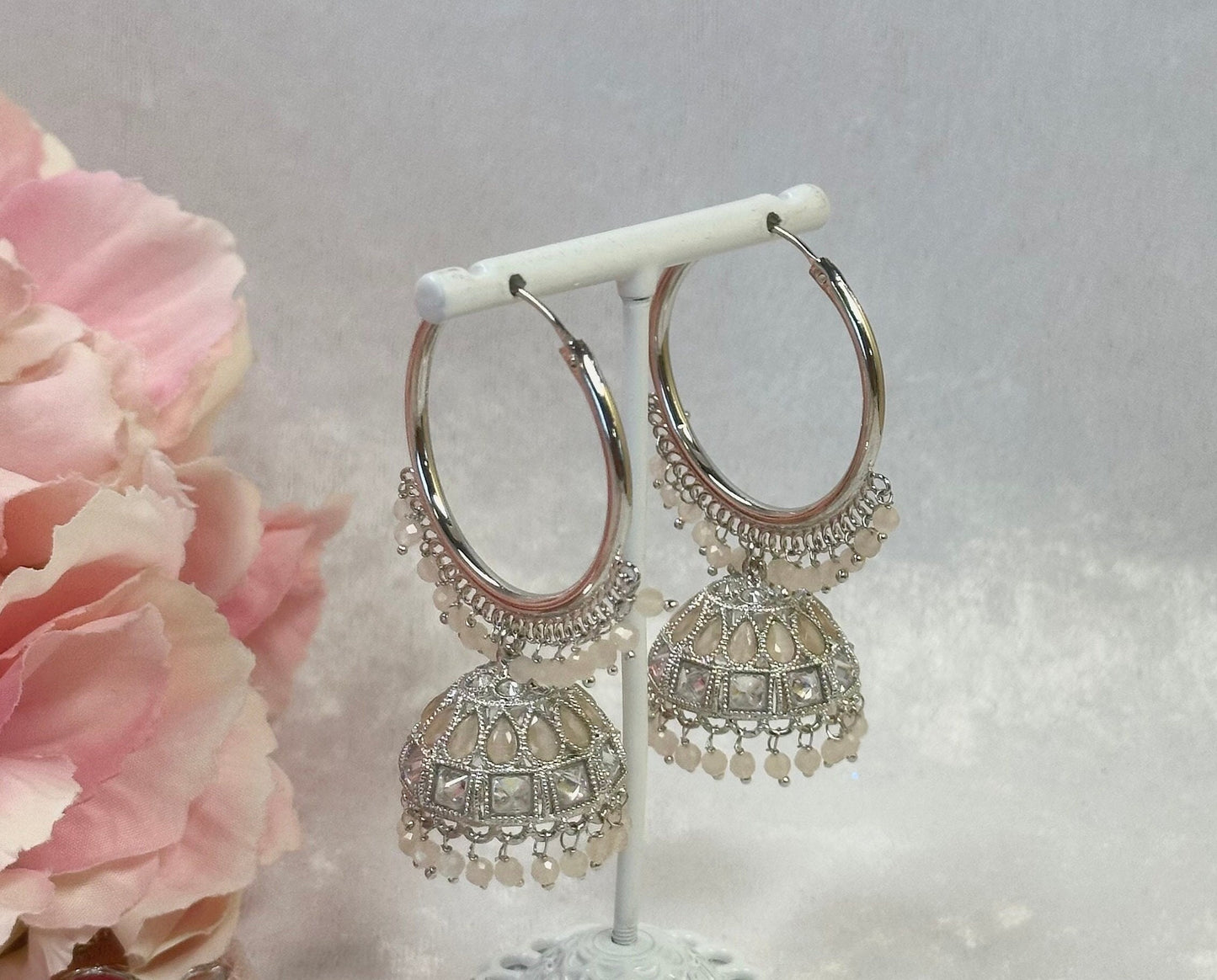 Light Peach/Silver Medium Jhumka Earrings