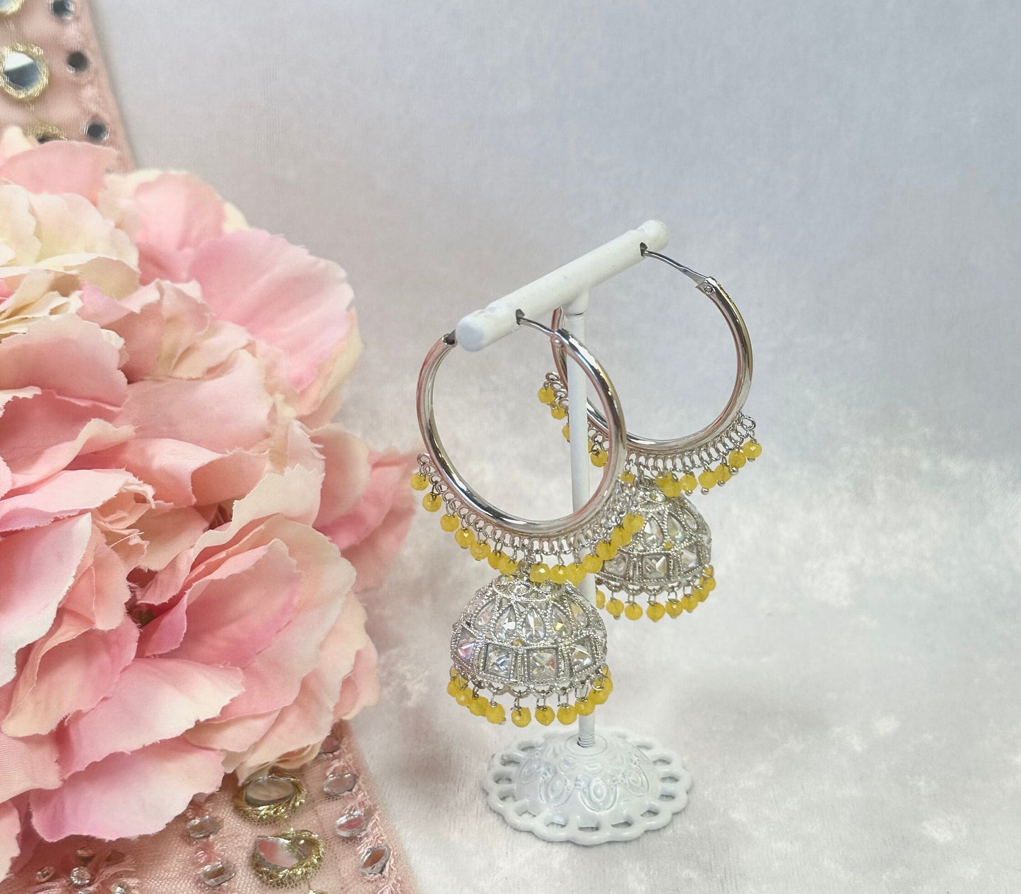 Yellow/Silver Medium Jhumka Earrings