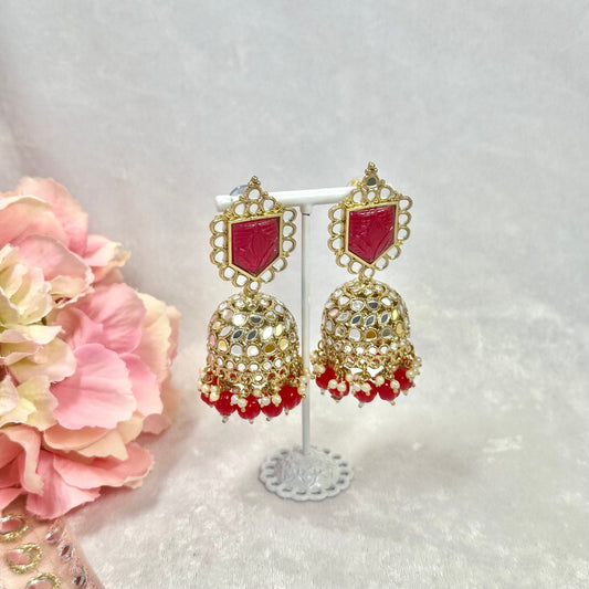 Large Mirror Jhumka Earrings - Ruby