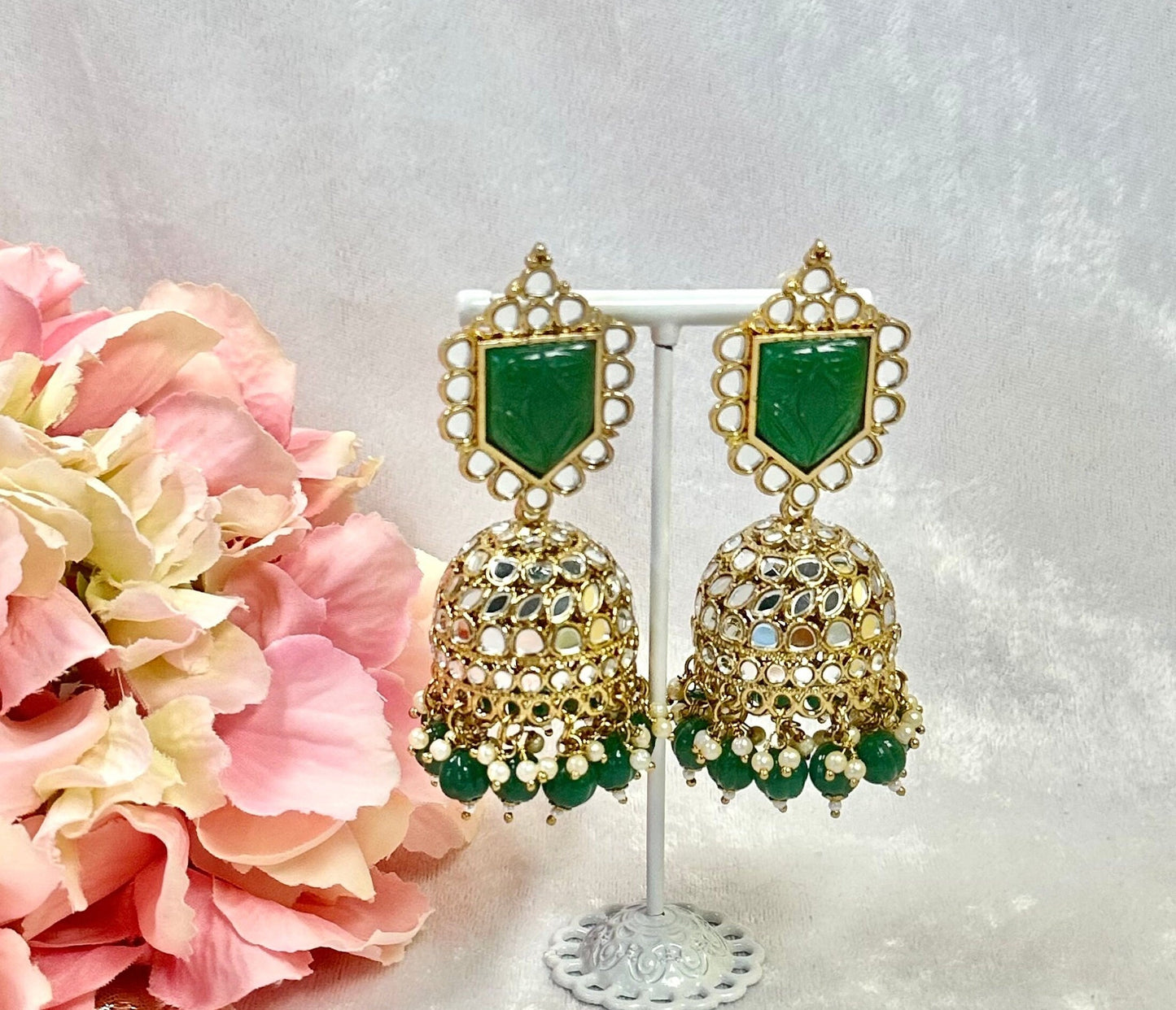 Large Mirror Jhumka Earrings - Green