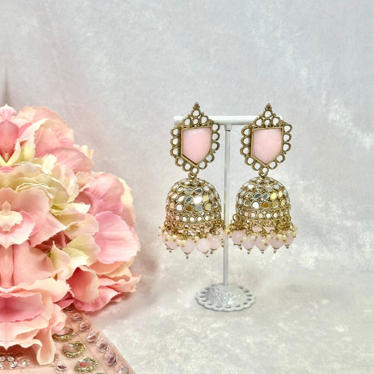 Pink Indian/ Pakistani Style/Large Mirror Jhumka Earrings - Pastel Pink/ Fashion Jewellery/ Gift for Women/Indian/Pakistani style