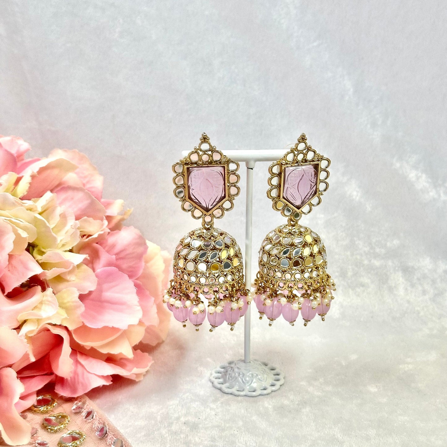Large Mirror Jhumka Earrings - Lilac