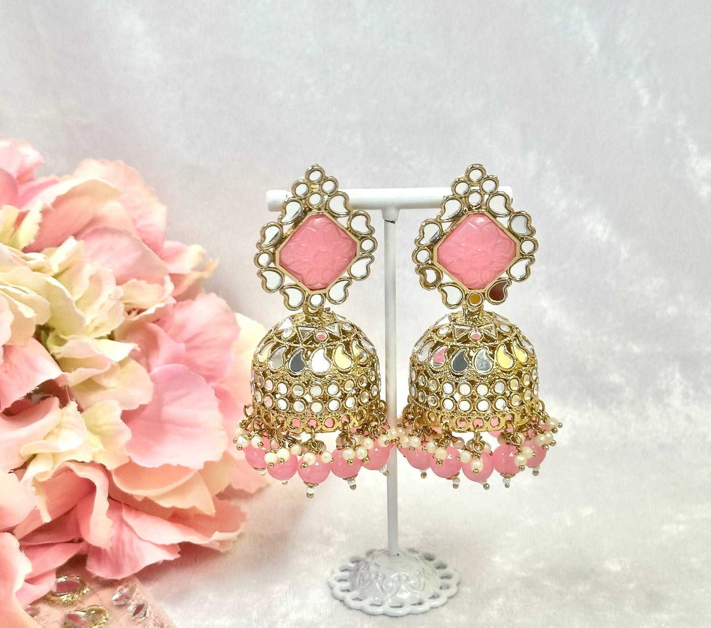 Large Mirror Jhumka Earrings - Pink