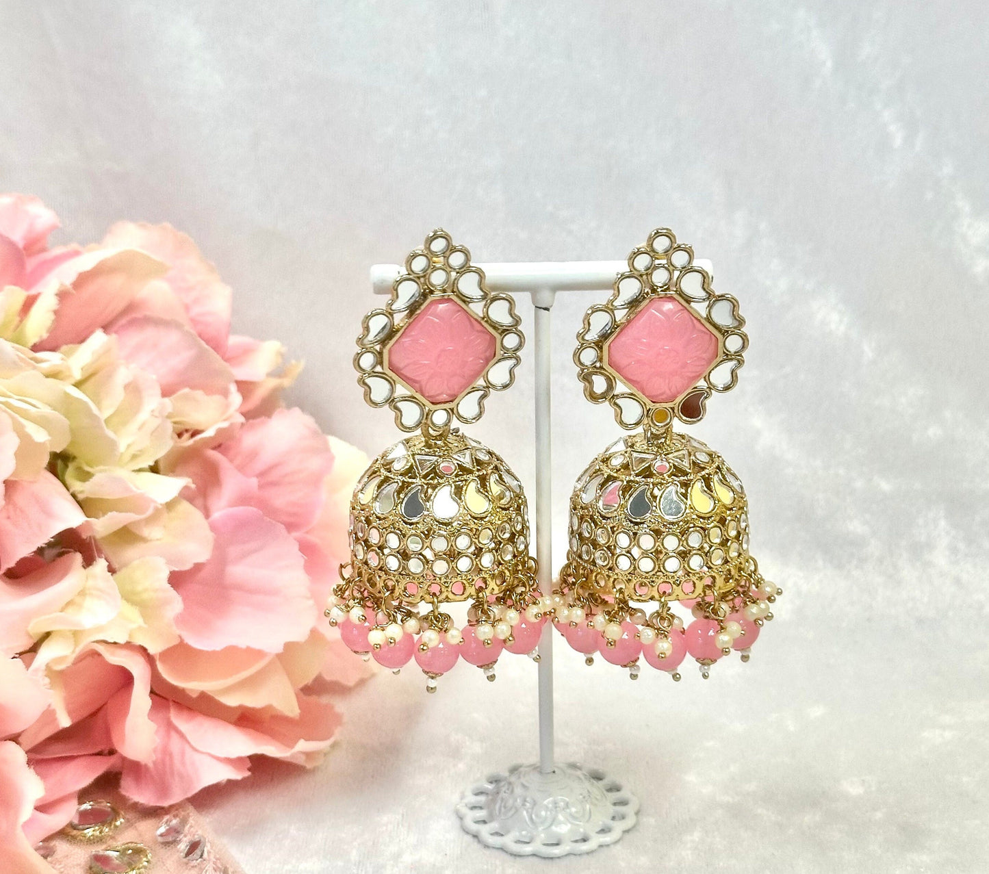 Large Mirror Jhumka Earrings - Pink