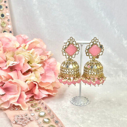 Large Mirror Jhumka Earrings - Pink