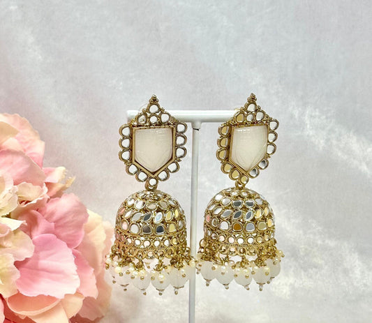 Large Mirror Jhumka Earrings - Light Grey