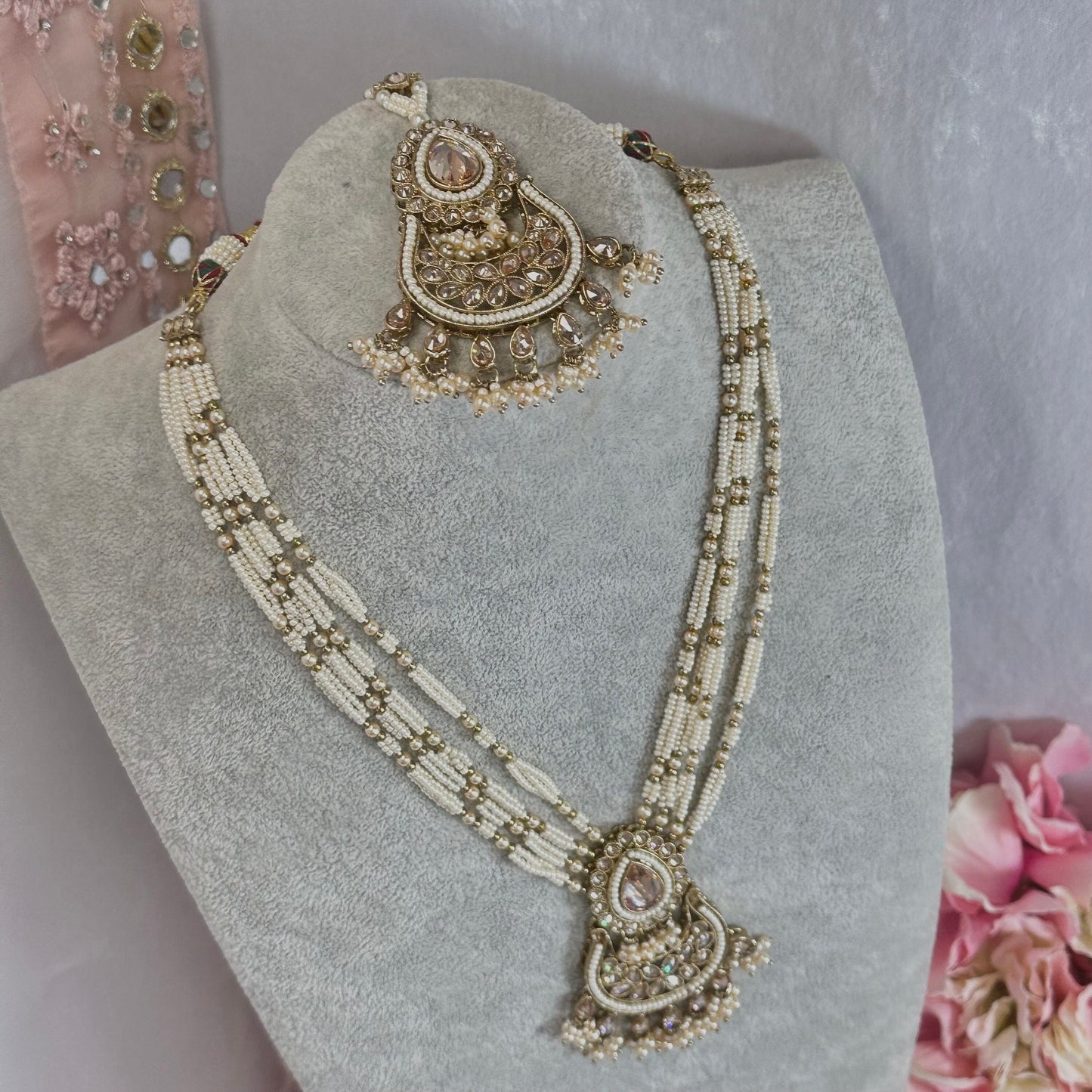 Champagne Short Mala Necklace Set Earring/ Tikka/ Tikli/ Indian/ Pakistani/Fashion Jewellery/ Gift for Women
