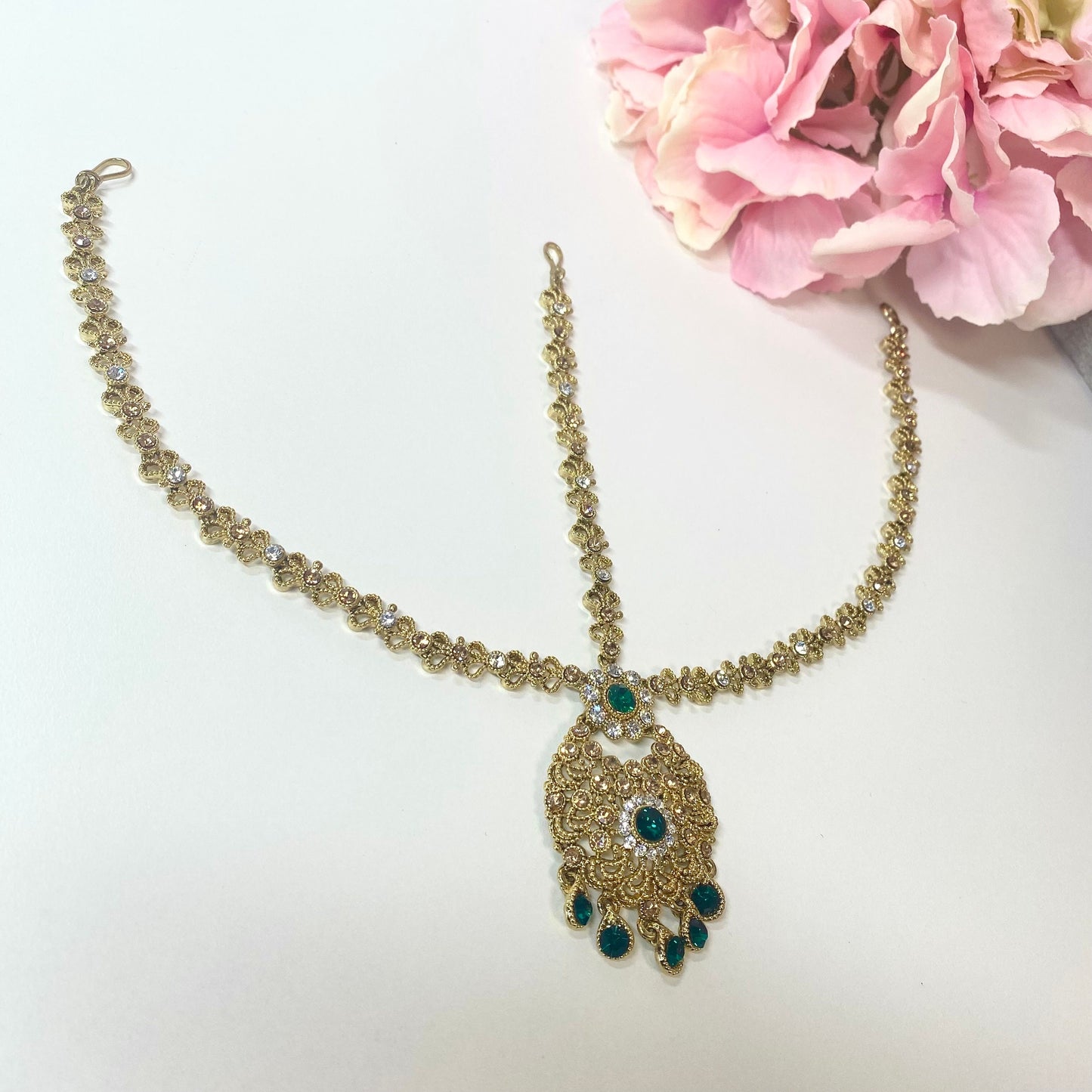 Green/ Golden Mathapatti /Indian/Pakistani/Fashion Jewellery/ Bridal Forehead Jewellery Headpiece/Bollywood /phoolpatti