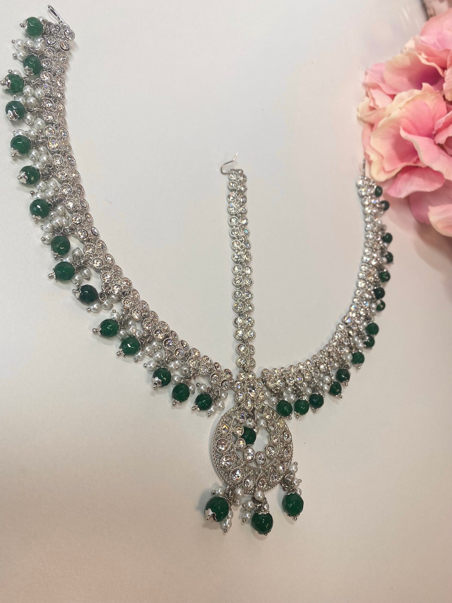 Green/ Silver Mathapatti /Indian/Pakistani/Fashion Jewellery/ Bridal Forehead Jewellery Headpiece/Bollywood /phoolpatti