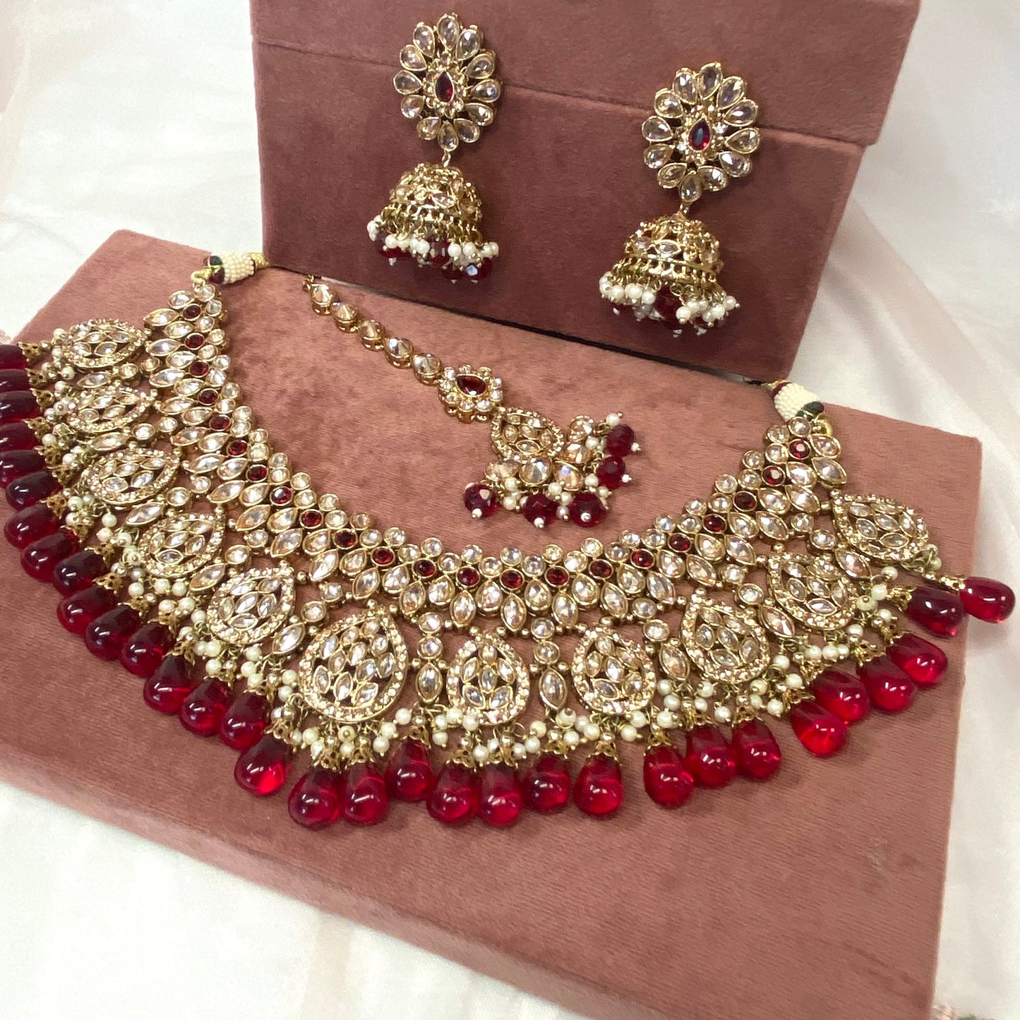 Maroon Bridal Necklace Set Indian/ Pakistani Style/Necklace/ Earring/Tikka/Wedding
