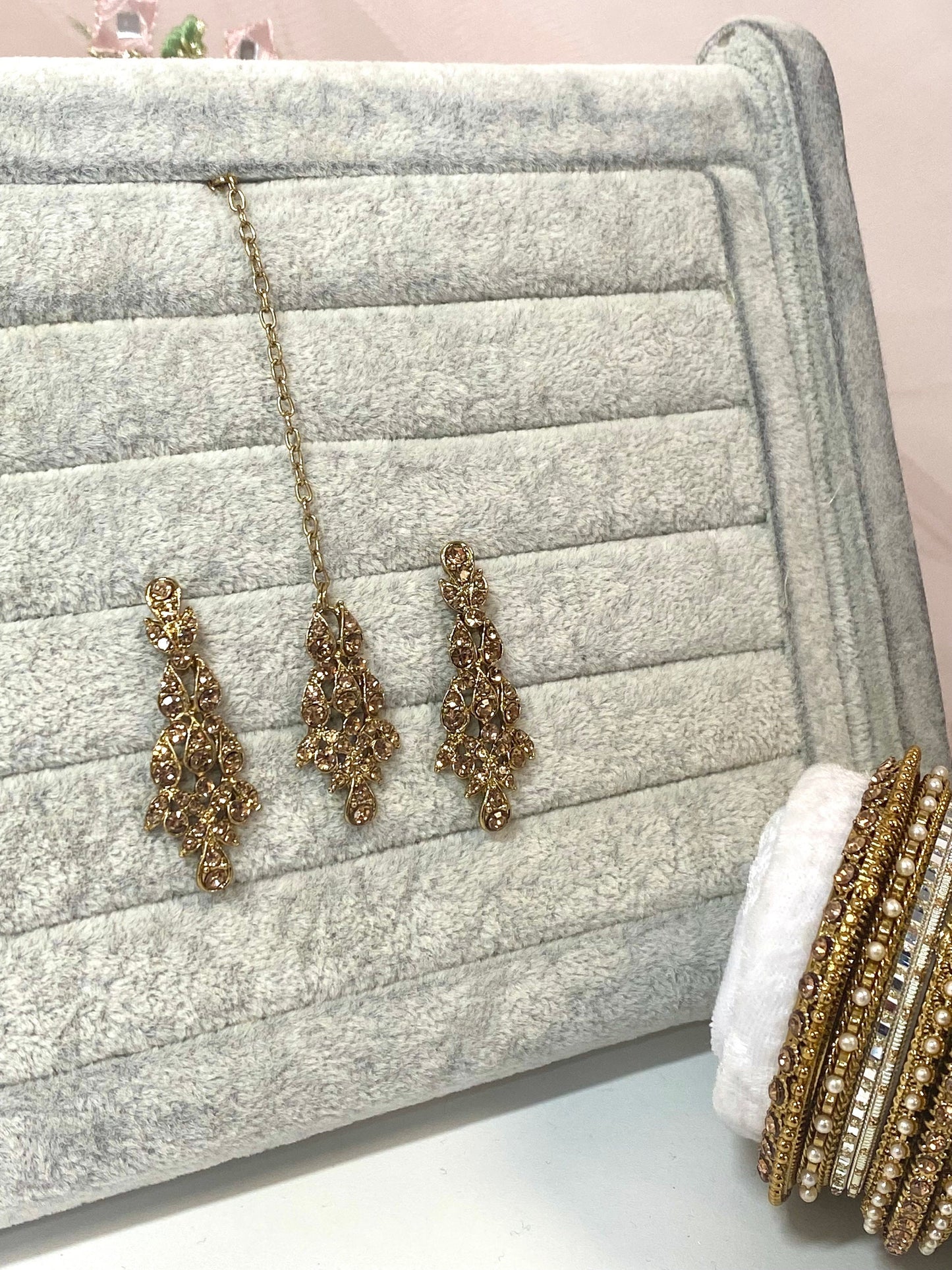 Elegant Earring and Tikka Set- Golden/ Small/ Simple/Flat Earring Indian/ Pakistani Style