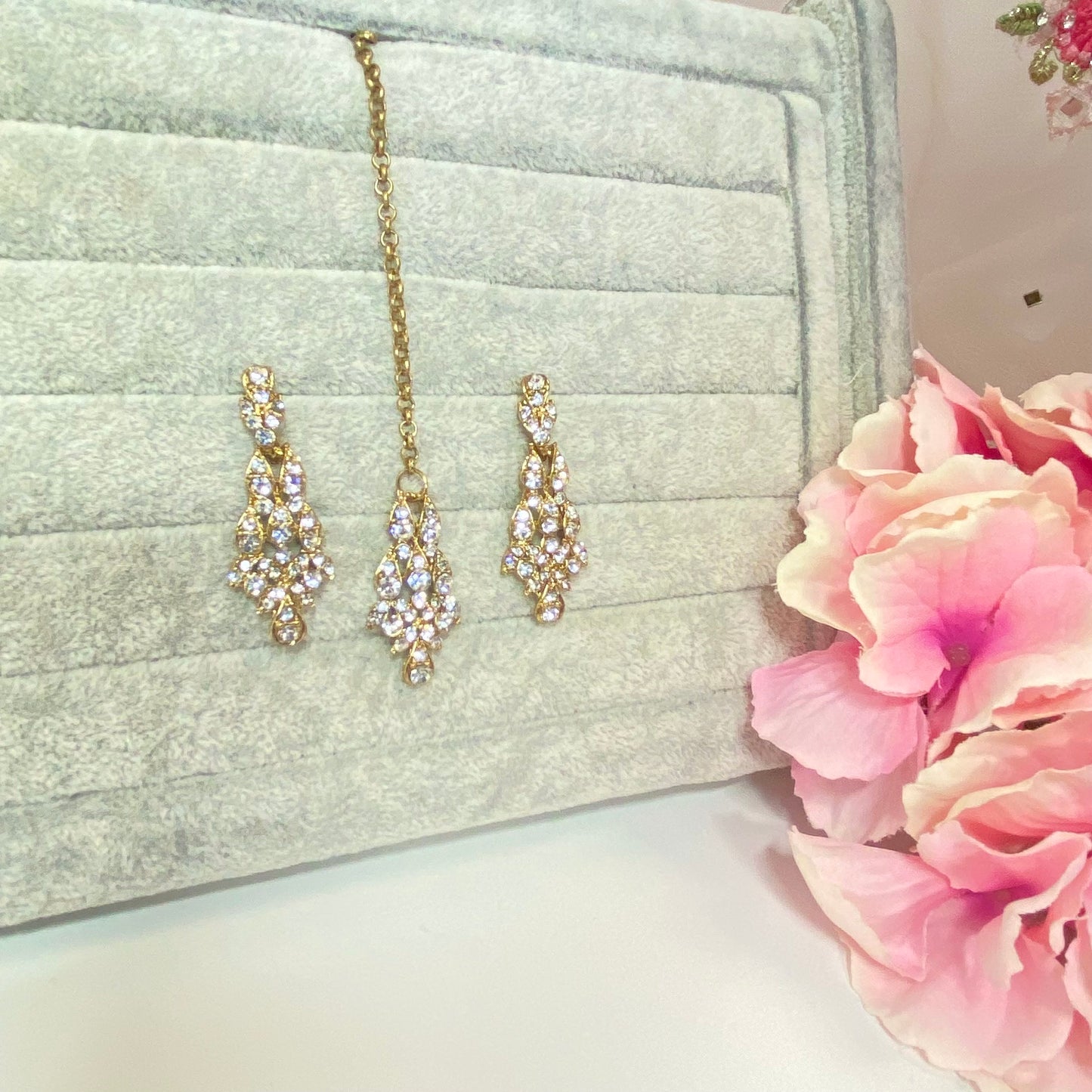 Elegant Earring and Tikka Set- Clear/ Small/ Simple/Flat Earring Indian/ Pakistani Style
