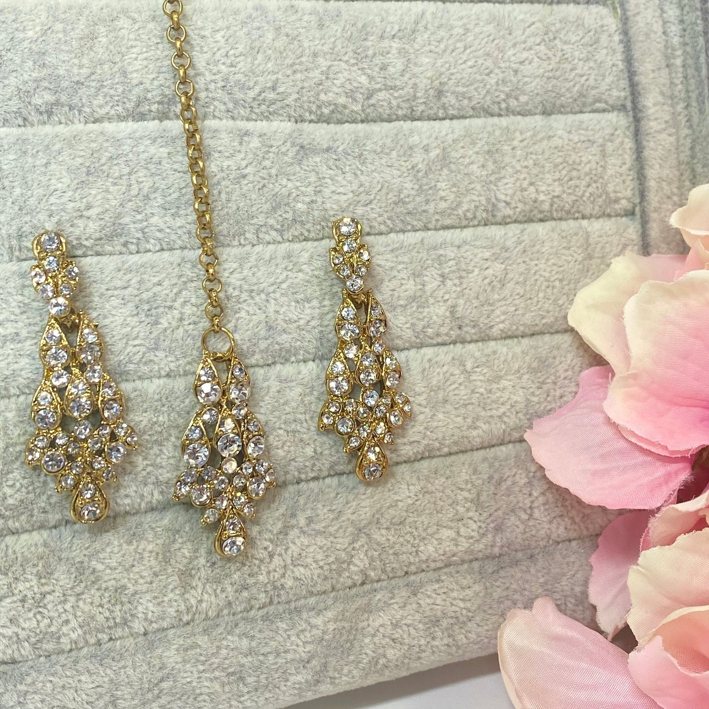 Elegant Earring and Tikka Set- Clear/ Small/ Simple/Flat Earring Indian/ Pakistani Style