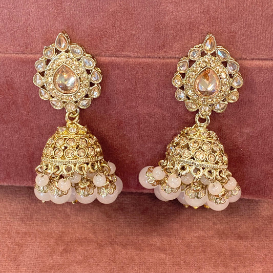 Medium Jhumka Earrings - Golden and Ligth Pink