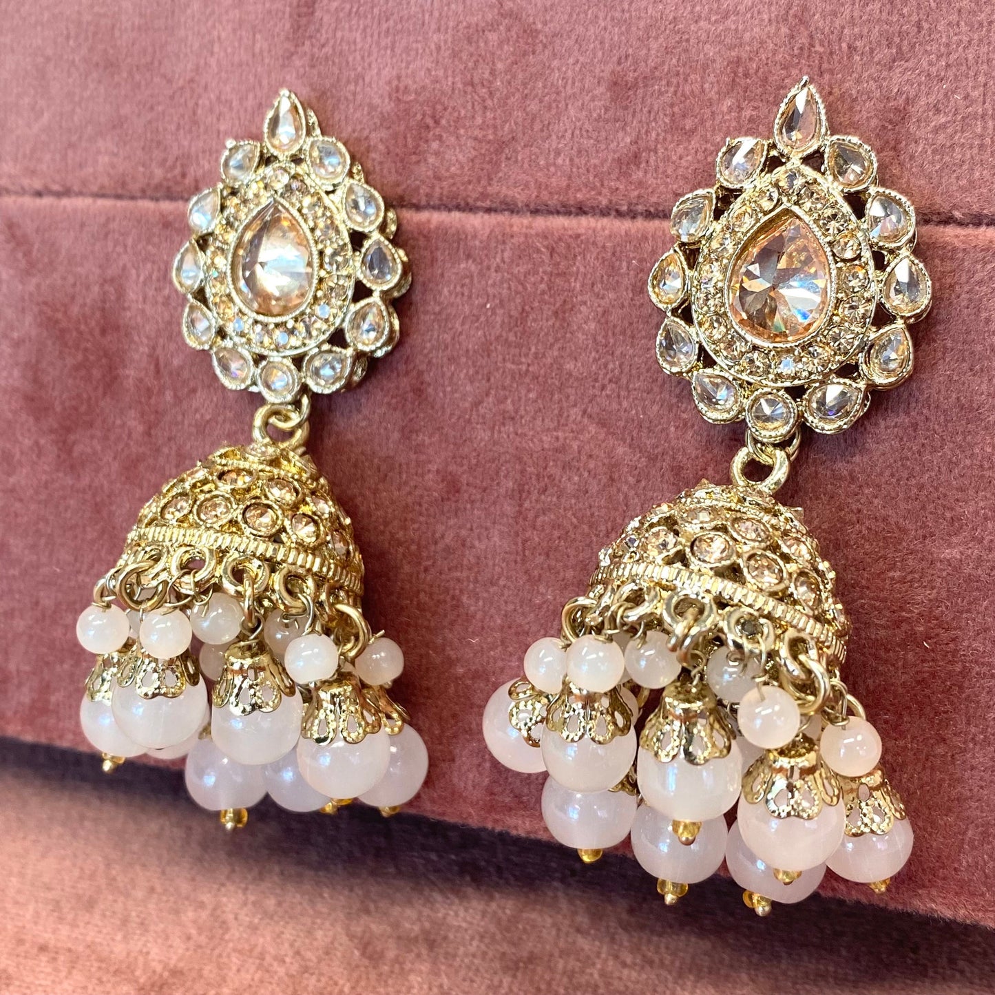 Medium Jhumka Earrings - Golden and Ligth Pink