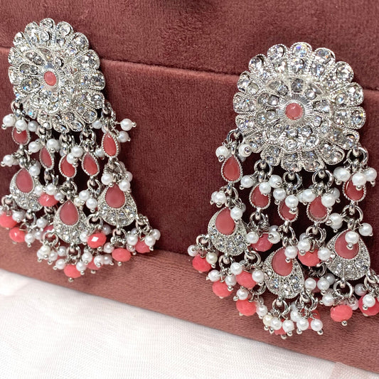 Silver Stud Earrings - Pink/ Coral Indian Style Earring/ Pakistani Fashion/ Fashion Jewellery/ Gift for Women