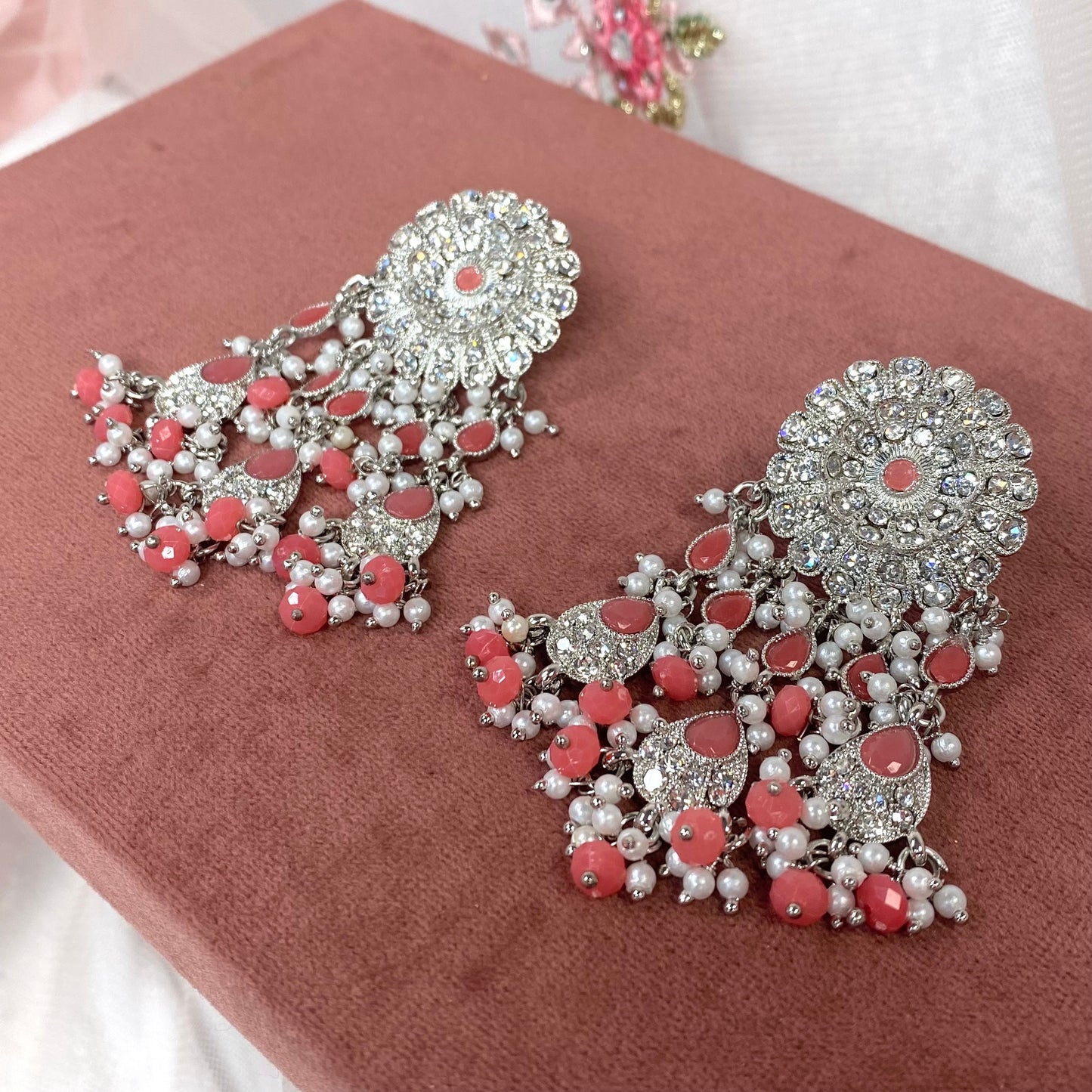 Silver Stud Earrings - Pink/ Coral Indian Style Earring/ Pakistani Fashion/ Fashion Jewellery/ Gift for Women