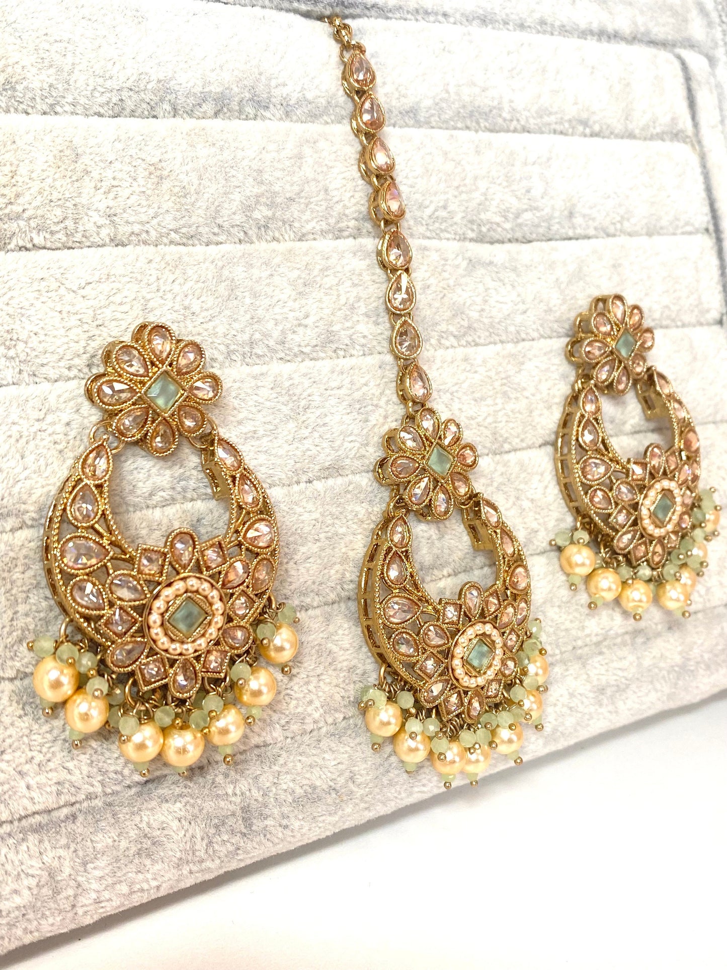 Crystal Indian Earrings and Tikka - Mint/ Flat Earring Indian/ Pakistani Style