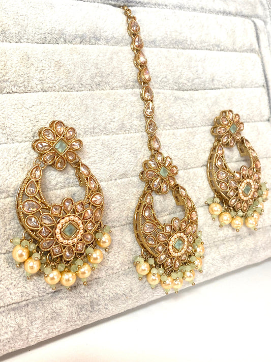 Crystal Indian Earrings and Tikka - Mint/ Flat Earring Indian/ Pakistani Style