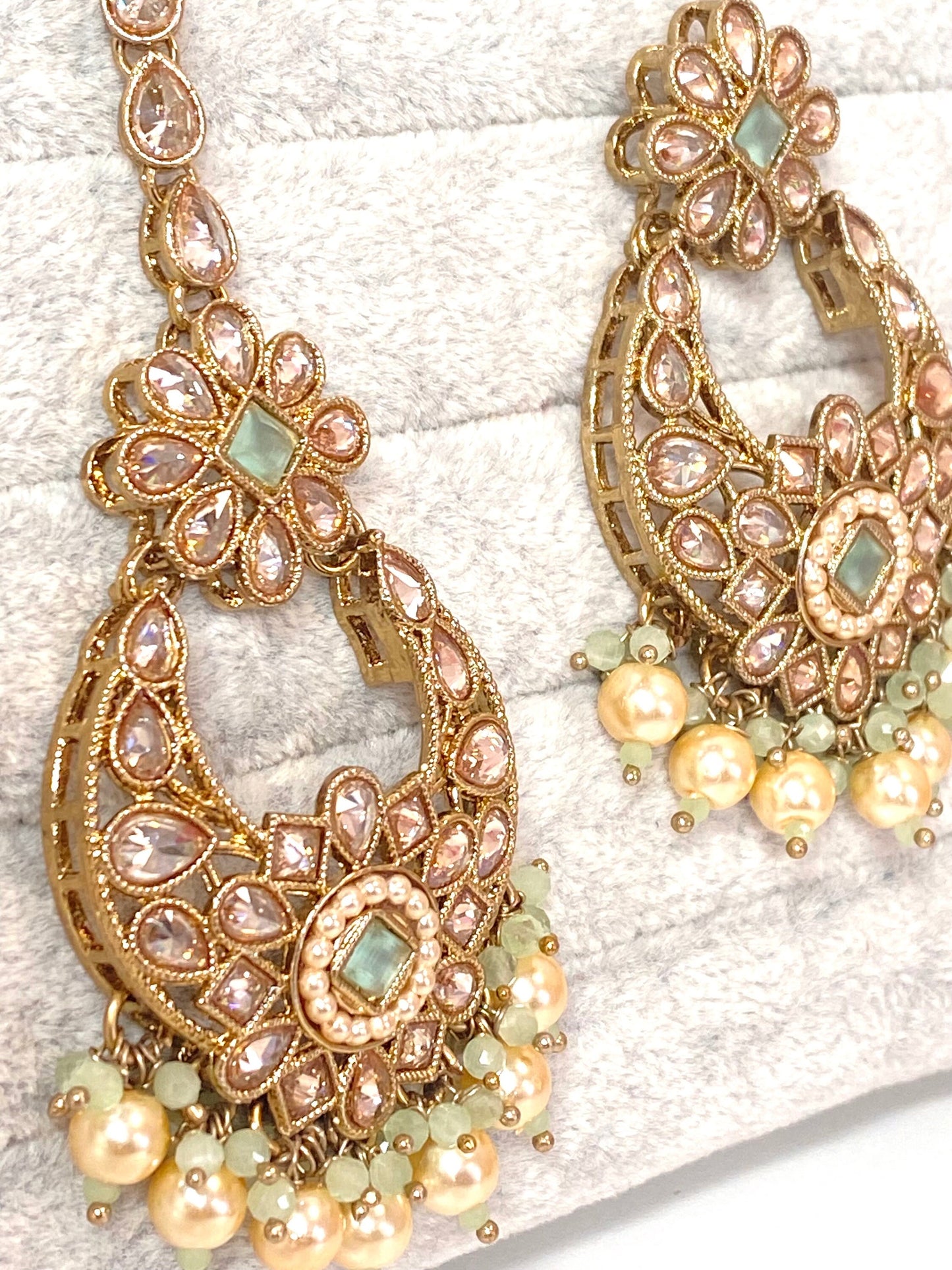 Crystal Indian Earrings and Tikka - Mint/ Flat Earring Indian/ Pakistani Style