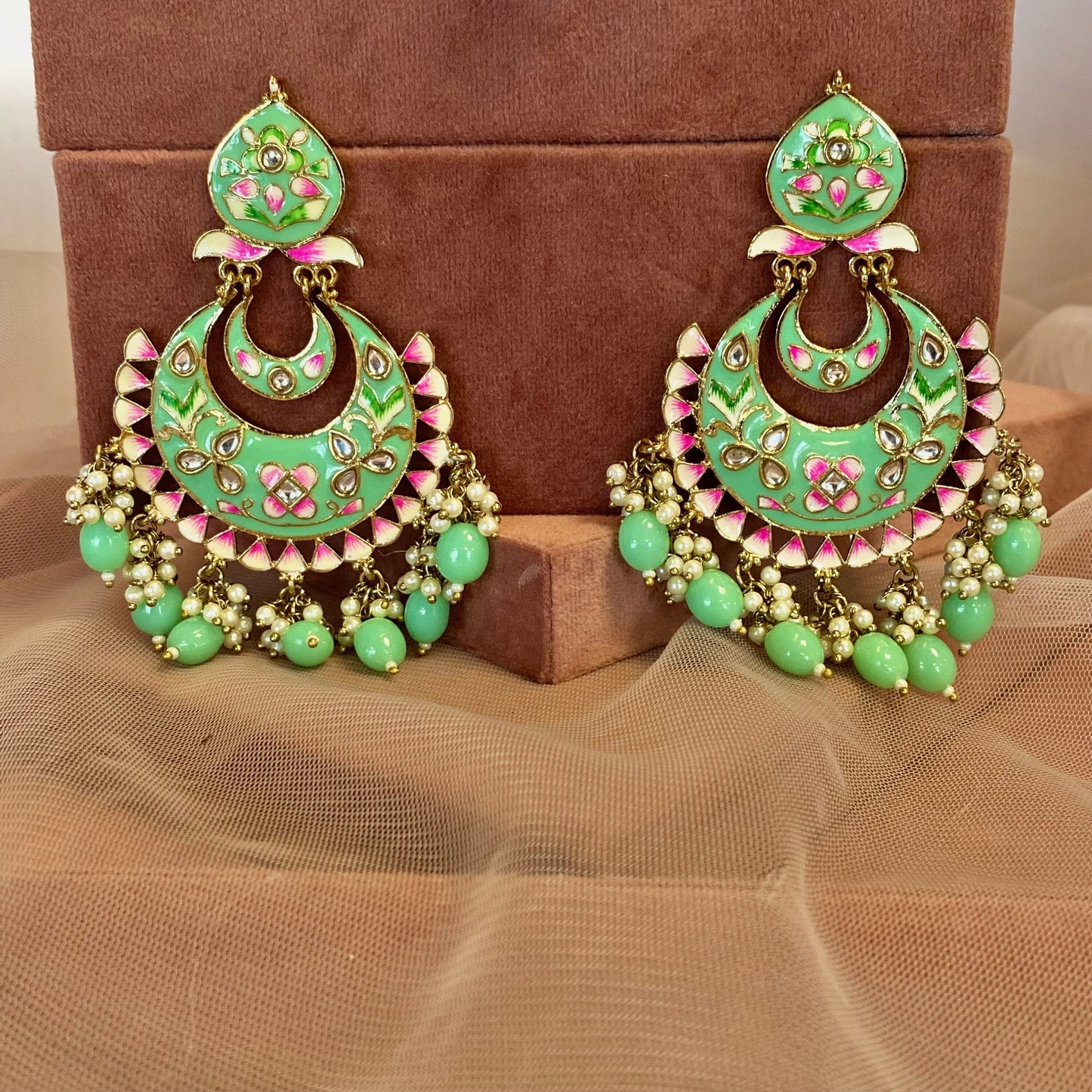 Meenakari/ Indian/ Pakistani Style/Mint and Pink Hand-Painted Earring