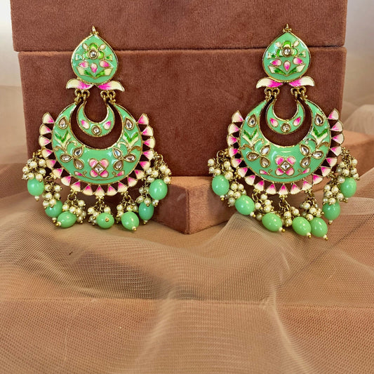 Meenakari/ Indian/ Pakistani Style/Mint and Pink Hand-Painted Earring