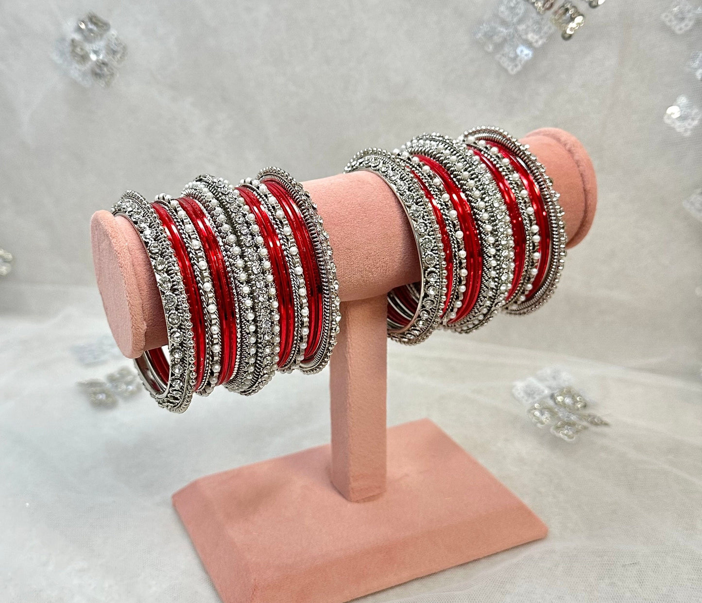 Red/Silver Bangle Set/Indian/ Pakistani/Jewelley/ Fashion Bracelet
