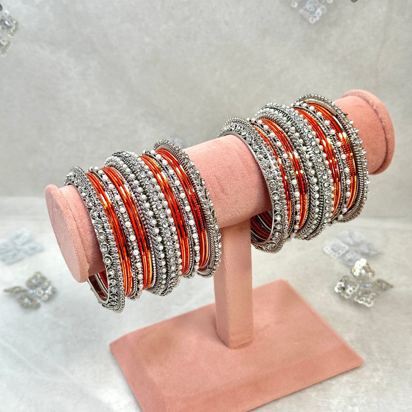 Orange/Silver Bangle Set/Indian/ Pakistani/Jewelley/ Fashion Bracelet