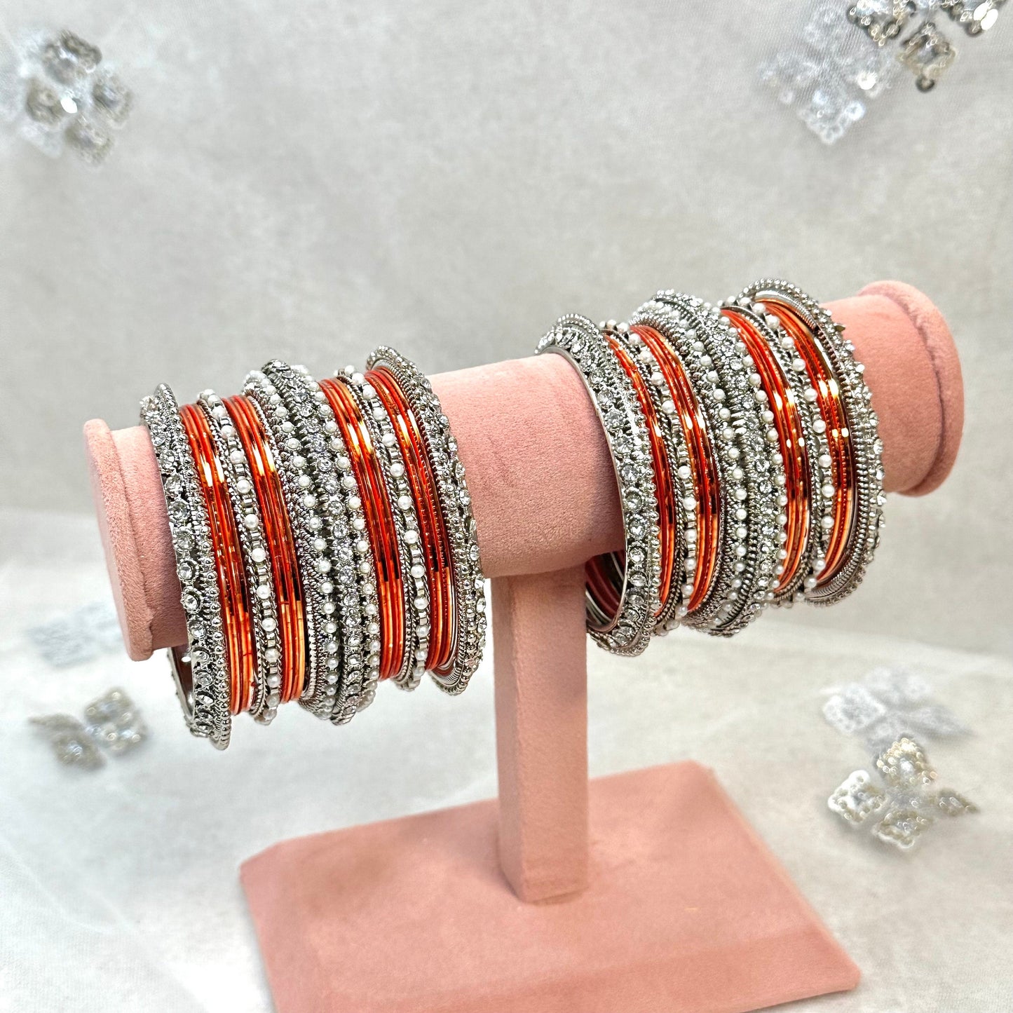 Orange/Silver Bangle Set/Indian/ Pakistani/Jewelley/ Fashion Bracelet