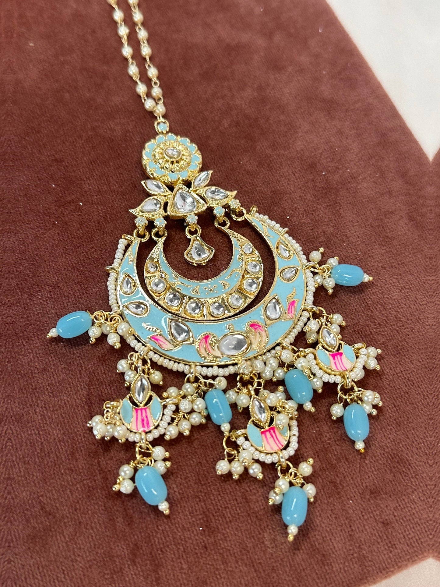 Meenakari/Hand-Painted Blue Large Tikka/ Tikli/ Indian/ Pakistani Fashion Jewellery/ Maang Tikkas