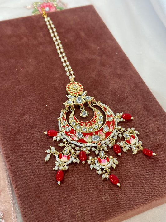 Meenakari/Hand-Painted Red Large Tikka/ Tikli/ Indian/ Pakistani Fashion Jewellery/ Maang Tikkas