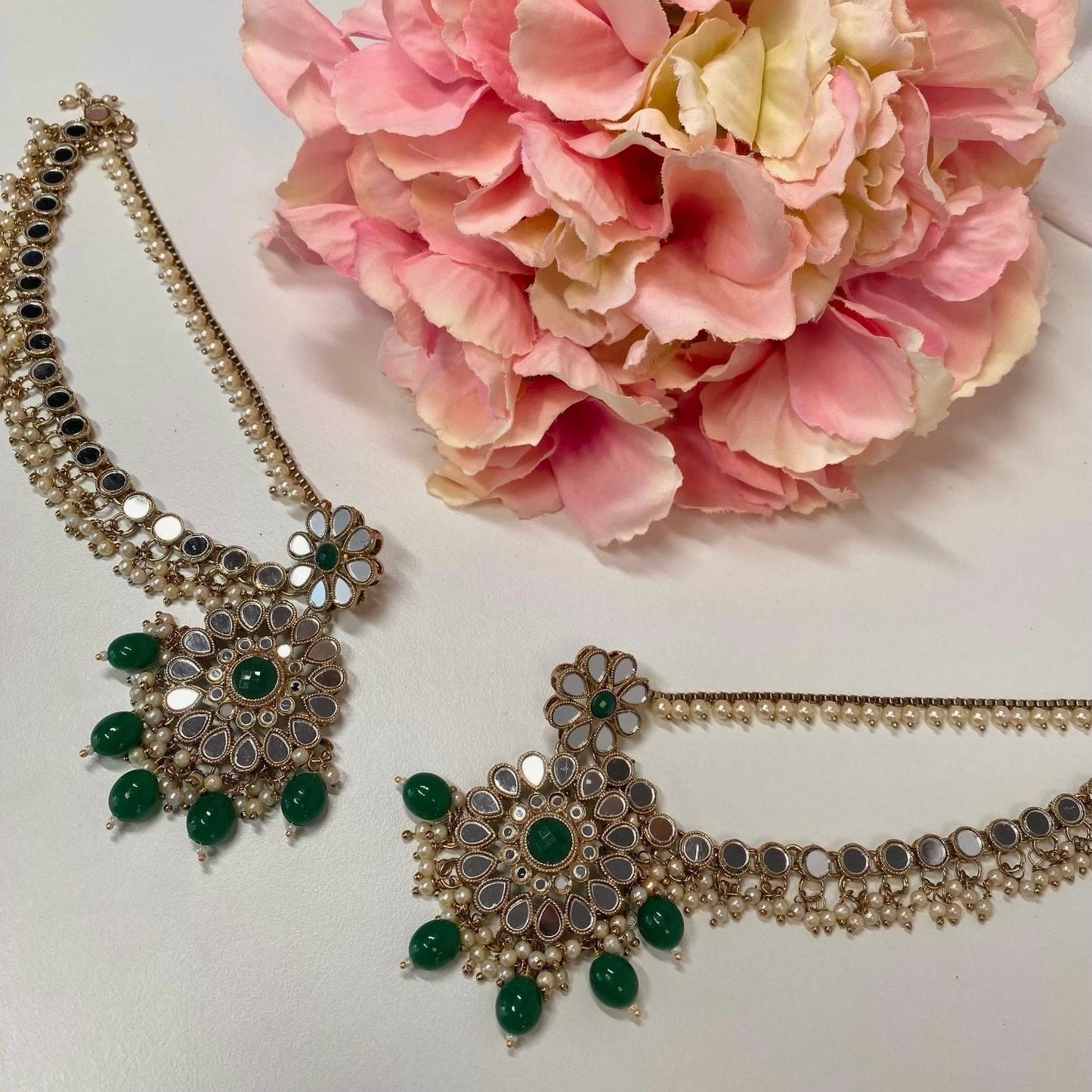 Mirror Choker Set with Chain Earring detail Earring/ Tikka/ Tikli/ Indian/ Pakistani/Fashion Jewellery/ Gift for Women/green