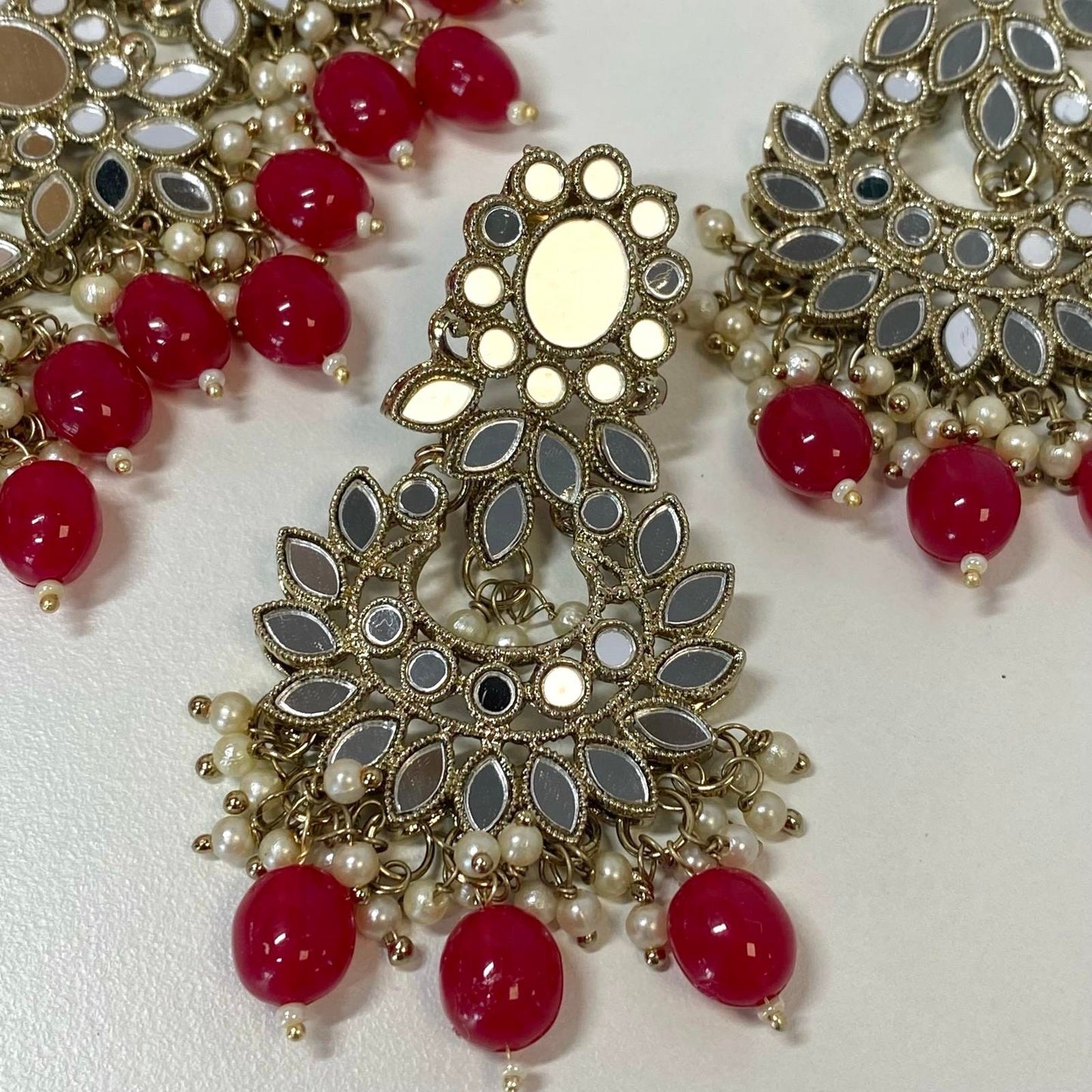 Mirror Choker Set - Ruby Earring/ Tikka/ Tikli/ Indian/ Pakistani/Fashion Jewellery/ Gift for Women