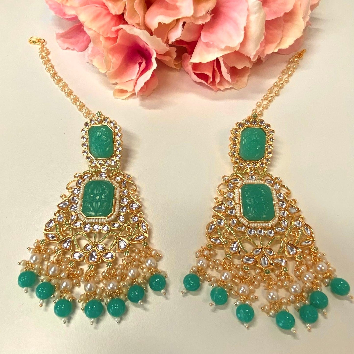 Large Faux-Kundan Earrings - Teal Indian Style Earring/ Pakistani Fashion/ Fashion Jewellery/ Gift for Women