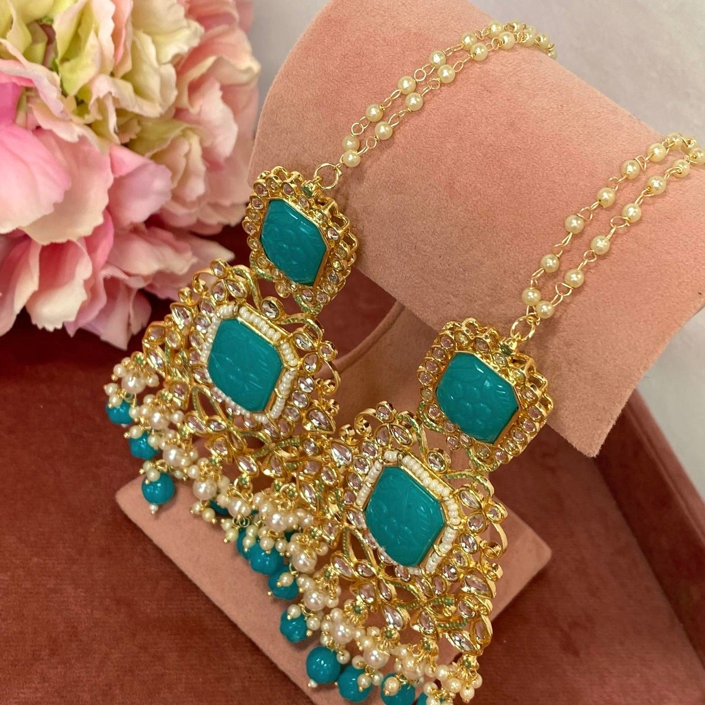 Large Faux-Kundan Earrings - Teal Indian Style Earring/ Pakistani Fashion/ Fashion Jewellery/ Gift for Women