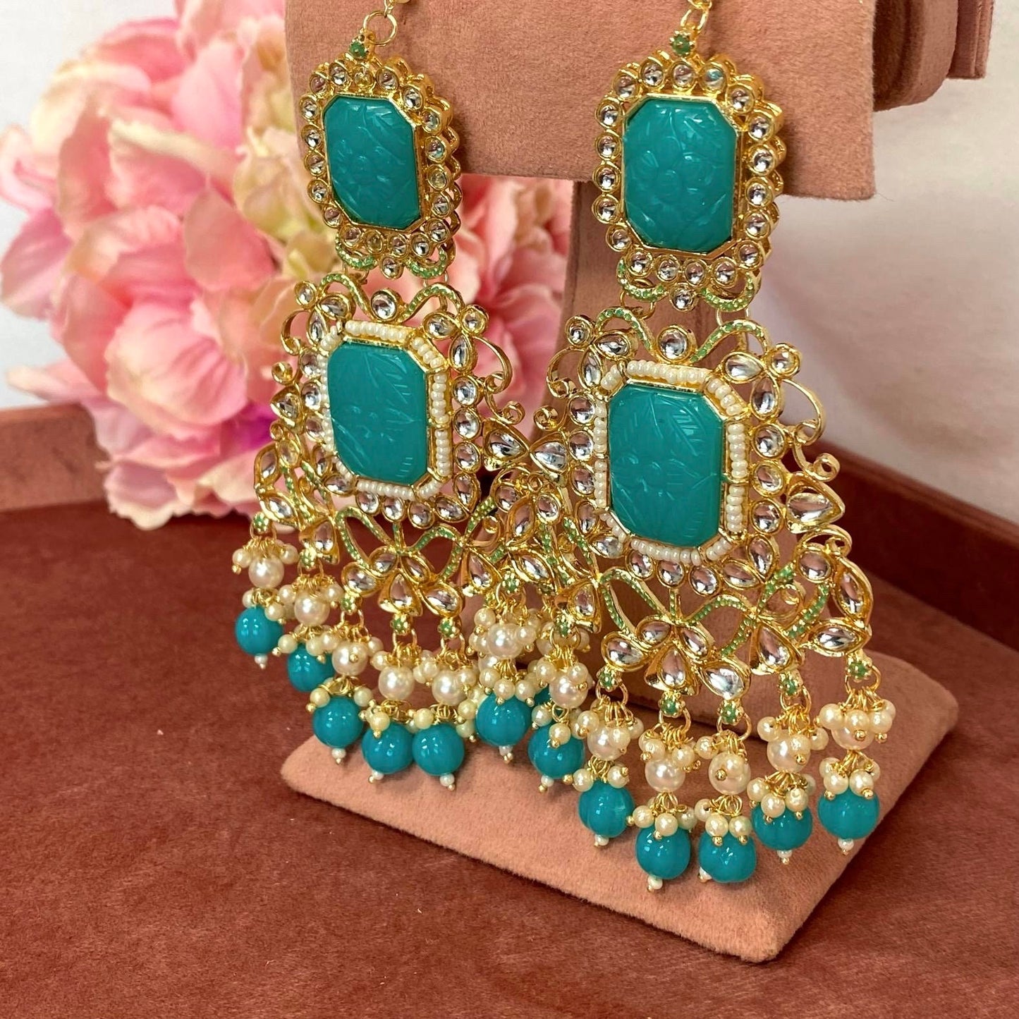 Large Faux-Kundan Earrings - Teal Indian Style Earring/ Pakistani Fashion/ Fashion Jewellery/ Gift for Women