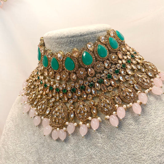 Antique Gold Green and Pink Double Necklace Only